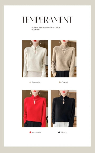 سترة نسائية جديدة محبوكة من الصوف على الطراز الصيني لفصل الخريف والشتاء بياقة واقفة ومزاجية أنيقة ZD-3012