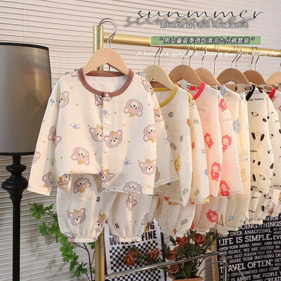 ملابس نوم جديدة للأطفال برسومات كرتونية لطيفة، قطعتين، بيجامات منزلية رقيقة للربيع والصيف للأولاد والبنات، ملابس مكيفة