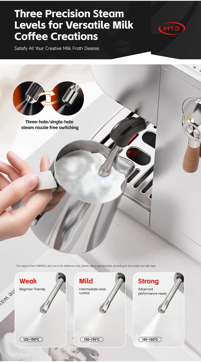 ماكينة صنع قهوة الإسبريسو نصف أوتوماتيكية من HiBREW، بثلاثة مستويات قابلة للتعديل لدرجة الحرارة، بارد/ساخن، 20 بار، ماكينة صنع قهوة كابتشينو H13