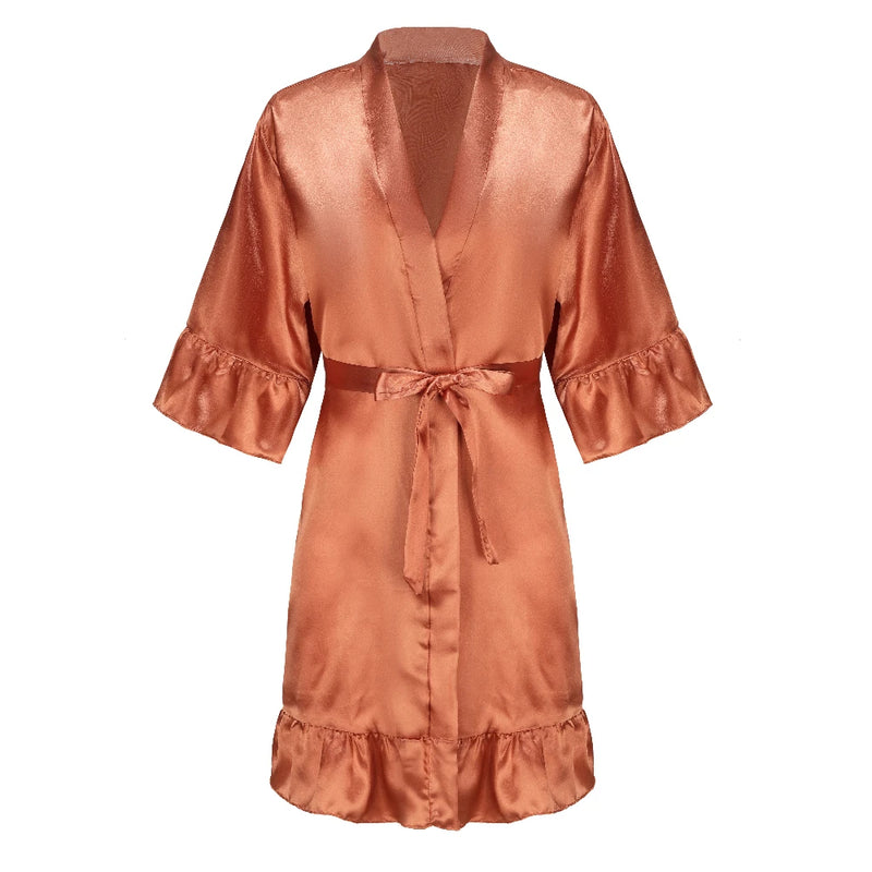 رداء زفاف العروس ووصيفة العروس للنساء هدايا حفلات الزفاف فستان الفريق ثوب حرير ساتان ملابس نوم كيمونو مع كشكشة حرف أبيض