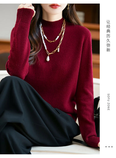 سترة نسائية أساسية للخريف والشتاء أنيقة سميكة من صوف ميرينو 100% محبوكة برقبة وهمية وملابس بأكمام طويلة