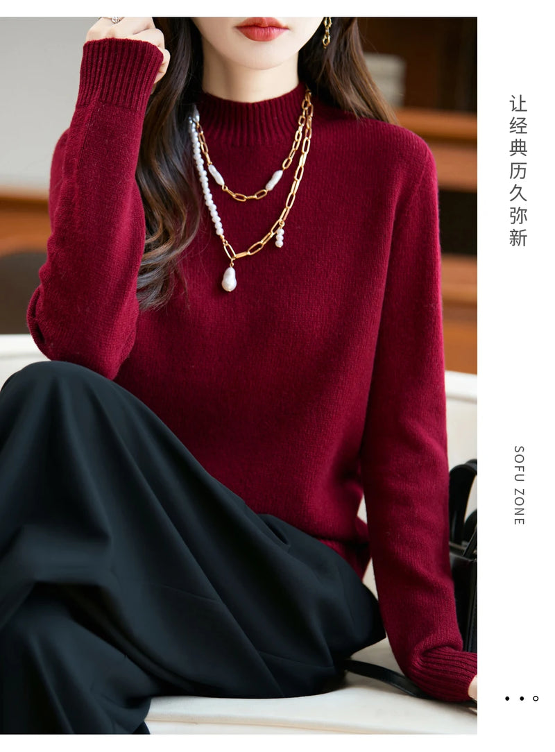 سترة نسائية أساسية للخريف والشتاء أنيقة سميكة من صوف ميرينو 100% محبوكة برقبة وهمية وملابس بأكمام طويلة