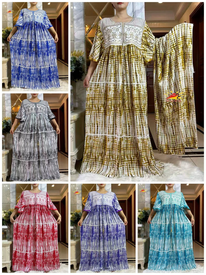 فستان صيفي جديد لعام 2025 عباية إسلامية بأكمام قصيرة وخصر مجمع مزهر فضفاض من بوبو ماكسي إسلامي للنساء ملابس عباية أفريقية