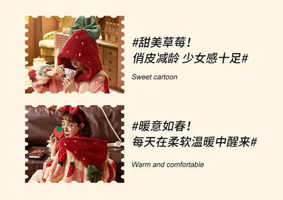 بيجامات شتوية للنساء، رداء طويل بغطاء للرأس برسومات كرتونية على شكل فراولة، ملابس منزلية لطيفة، ملابس نوم كاواي فلانل، رداء حمام دافئ ومريح