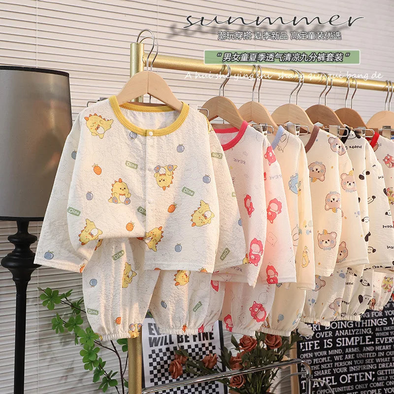 ملابس نوم جديدة للأطفال برسومات كرتونية لطيفة، قطعتين، بيجامات منزلية رقيقة للربيع والصيف للأولاد والبنات، ملابس مكيفة