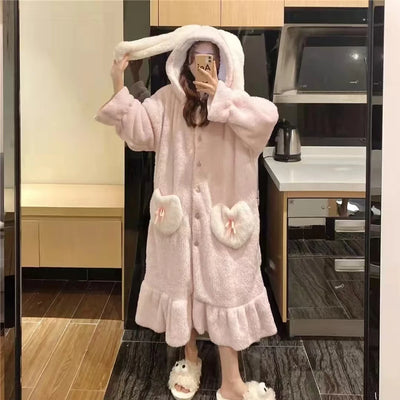 رداء بيجامات شتوي 2025 الأكثر مبيعًا، رداء نوم وردي طويل الأذن، ملابس منزلية مريحة وناعمة، رداء حمام، حفلة بيجامات