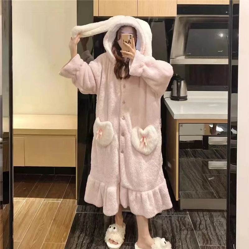 رداء بيجامات شتوي 2025 الأكثر مبيعًا، رداء نوم وردي طويل الأذن، ملابس منزلية مريحة وناعمة، رداء حمام، حفلة بيجامات
