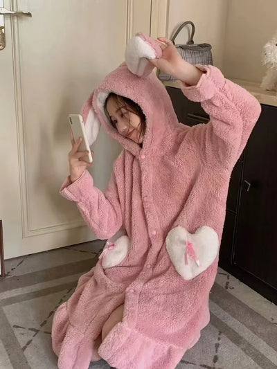 رداء بيجامات شتوي 2025 الأكثر مبيعًا، رداء نوم وردي طويل الأذن، ملابس منزلية مريحة وناعمة، رداء حمام، حفلة بيجامات