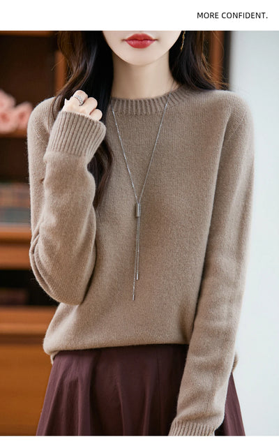 سترة نسائية أساسية للخريف والشتاء أنيقة من صوف ميرينو 100% محبوكة برقبة دائرية وأكمام طويلة وقماش جيرسي للسيدات