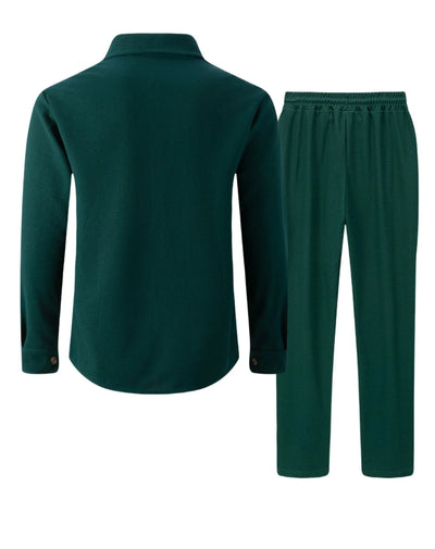 طقم قميص وبنطلون كارديجان بأكمام طويلة ولون سادة وجيبين وأزرار بتصميم خريفي جديد