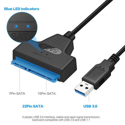 كابل SATA إلى USB 3.0 / 2.0 بسرعة تصل إلى 6 جيجابت في الثانية لمحركات الأقراص الصلبة الخارجية SSD مقاس 2.5 بوصة، محول SATA 3 22 دبوسًا، كابل USB 3.0 إلى Sata III