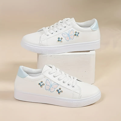 Women's Butterfly Pattern Sneakers, Casual Lace Up Outdoor Shoes, Lightweight Low Top Faux Leather Shoes