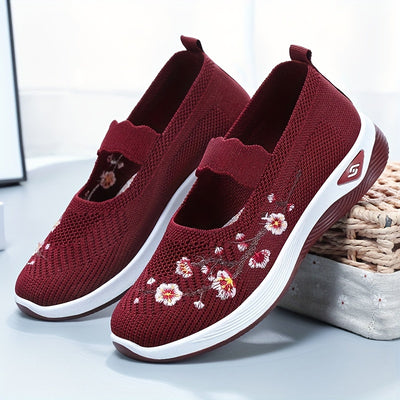 Women's Flower Pattern Flat Shoes, Breathable Knit Slip On Outdoor Shoes, Lightweight Low Top Shoes