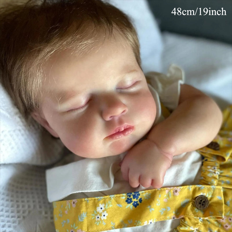 48.26cm Asleep Reborn Baby Doll Toy with 3D-Paint Light Beige & Veins, Intricate 3D-Crafted Dress, Lace Sleeves & Bow Detail - Handmade Realistic Princess Bebe Doll for Girls, Birthday Gift, Baby Doll Clothes, Detailed Crafts