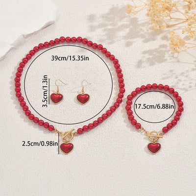 Vintage Red Bead Love Set Necklace, Bracelet and Earrings, Court Style Sweet Jewelry Three-Piece Set