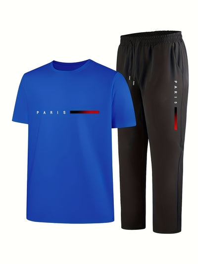 Men'S Casual Sports Two-Piece Set Short Sleeve Top Straight Leg Pants with Paris Print, Fashionable And Trendy, Ideal for Summer, Parties, Casual Outings, And Everyday Wear, Everyday Wear|Short Sleeve Top|Print Trousers
