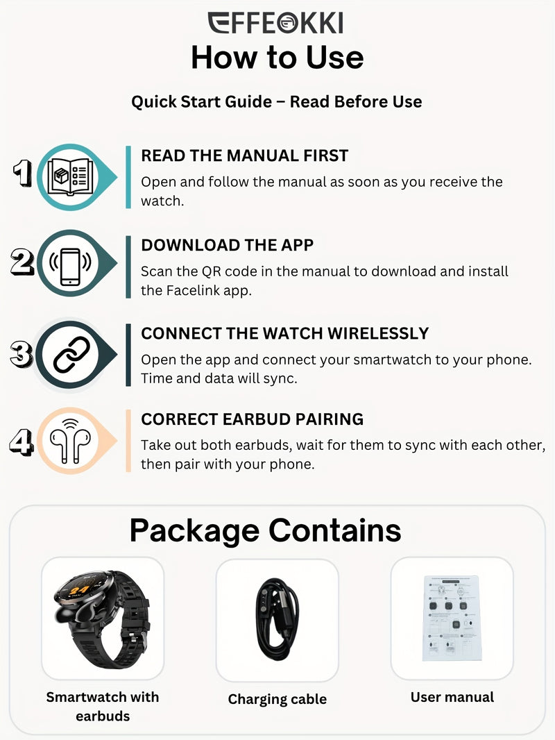 FFEOKKI TWS 2-in-1 Smartwatch with Earbuds - Zinc Alloy Bezel, 3.71cm Round Display, Wireless Call Function, Music Playback, NFC, Multiple Sports Modes, Fitness Tracking, Compatible with iPhone Android Smartphone, Activity Mo