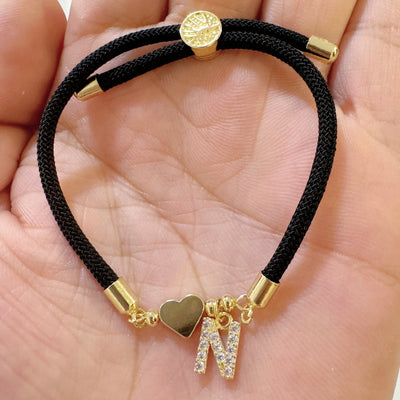 18K Golden Plated Heart Charm Bracelet with Synthetic Zirconia Letter Pendants A-Z, Simple Classic Black Polyester Cord, Adjustable for Daily Wear and Gift-Giving