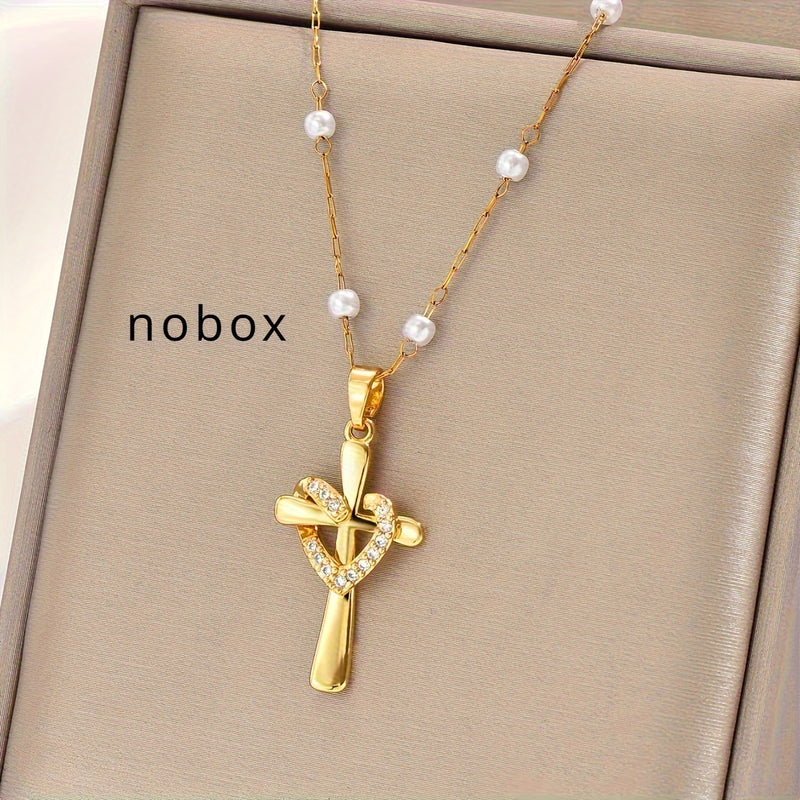 Golden Plated Stainless Steel Chain Golden Plated-Plated Cubic Synthetic Zirconia Cross Pendant Necklace - Retro Design, Stylish and Trendy Minimalist Unisex Necklace for Men and Women, Perfect for Streetwear, Daily Wear, or