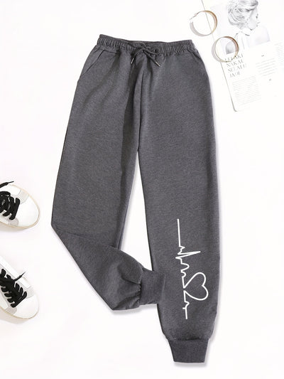 بنطلون رياضي مرن مطبوع عليه قلب للنساء، بنطلون رياضي عالي الخصر برباط، بنطلون كاجوال يومي، ملابس نسائية