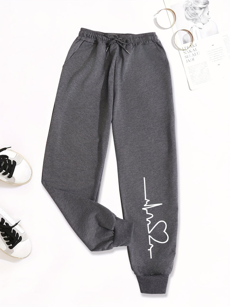 بنطلون رياضي مرن مطبوع عليه قلب للنساء، بنطلون رياضي عالي الخصر برباط، بنطلون كاجوال يومي، ملابس نسائية