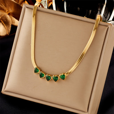 Elegant & Luxurious Golden-Tone Stainless Steel Necklace for Women - Multi-Green Heart Pendant Bohemian Style Jewelry, Durable Tarnish-Resistant Design for Weddings, Vacations, Daily Wear, Parties - Perfect Gift for Her, Char