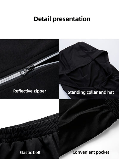 Men'S 5pcs Athletic Apparel Set - Hooded Jacket, Long Sleeve Compression Shirt, Short Sleeve Compression Top, Running Tights, and Shorts - Polyester High Stretch Fabric, Zip Detail, for Training, Hiking, Basketball, Gym - Fou