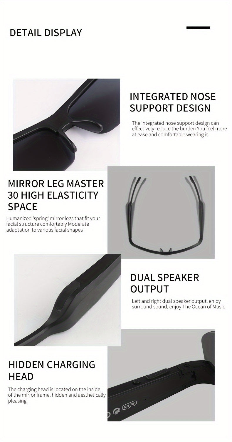 KOIPSSE Smart Glasses with Built-in Microphone, High-Resolution Audio, Waterproof IPX4, USB/Battery Powered, Rechargeable Lithium Polymer Battery, 120mAh, Wireless Connection, Outdoor Sports Glasses with HIFI Music Playback,