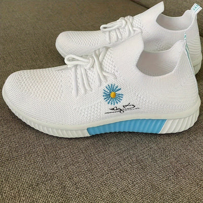 Women's Flower Pattern Sneakers, Breathable Flying Woven Outdoor Shoes, Lightweight Low Top Running Shoes