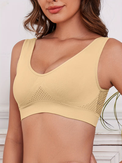 1pc, Esselegance, Sports Bra, Vest, No Rims, with Chest Pads, Mesh, Breathable, High Elasticity, Yoga, Running