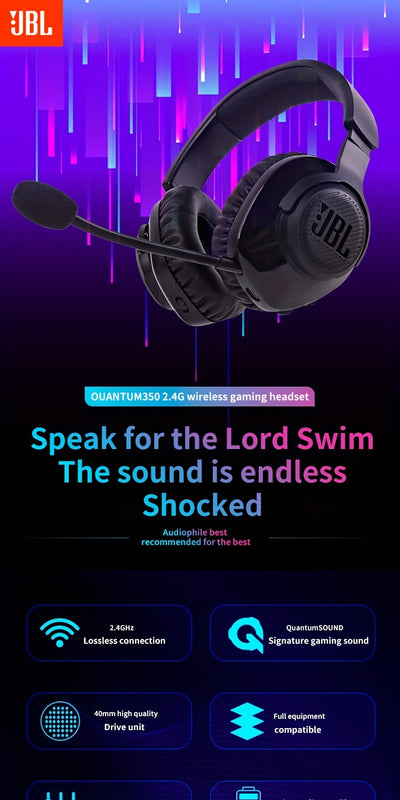 سماعة ألعاب لاسلكية JBL Quantum 350 - عمر بطارية يصل إلى 22 ساعة، عزل للضوضاء، ميكروفون قابل للفصل، وسادات أذن مريحة، شحن USB-C، مثالية لألعاب الكمبيوتر وأجهزة الألعاب، سماعة ألعاب | سماعة ألعاب مريحة | عزل للضوضاء