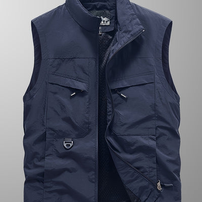 Men'S Navy Blue Sleeveless Vest with Stand Collar, Zippered Front & Side Pockets - Casual, Loose-Fit Outdoor Sports Vest for All Seasons, Polyester Fiber Lining, Perfect for Fall/Winter