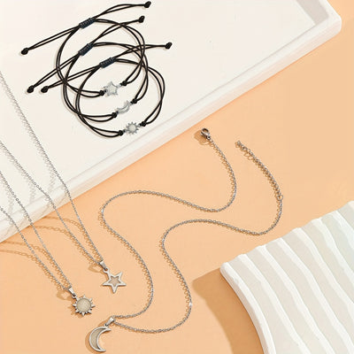 6pcs/Set Glow-in-the-Dark Sun Moon Stars Necklace Handwoven Fashion Cord Set