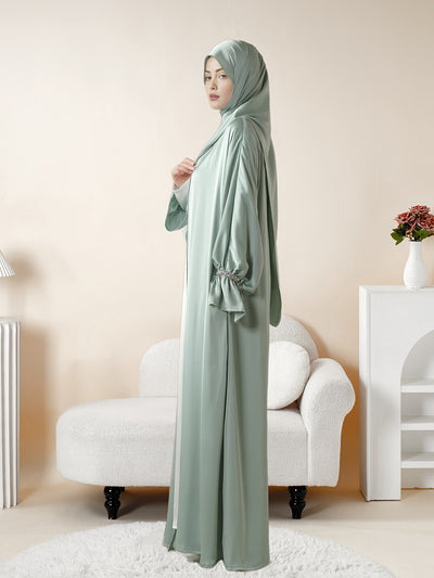 4pcs Set: Poet Sleeve Satin Abaya (MOA009) Eid al-Adha Abaya Muslim Women's Ramadan, Eid al-Fitr, Eid al-Adha, Mawlid, Prayer dress gown robe outfit long robe outfit comfortable soft breathable elegant Middle East Arabic styl