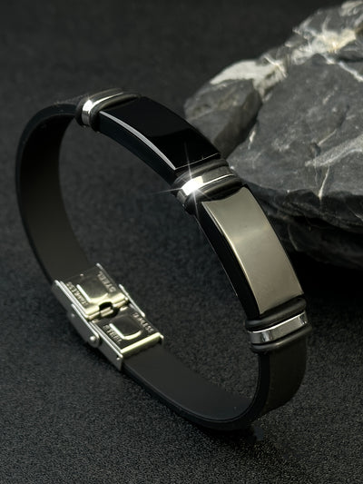 1pc Men'S Stainless Steel Adjustable Cuff Bracelet, Gunmetal Black Plating, Casual Style, Fashion Accessory, with Silicone Lining for Jewelry Gift