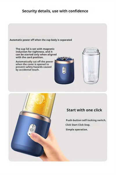 Multifunctional cordless portable juicer with 2 cups, blender fresh juice cup with sports cup lid, USB rechargeable juicer, six-blade blade juice quickly, juice fine, fruit blender suitable for home, kitchen and travel