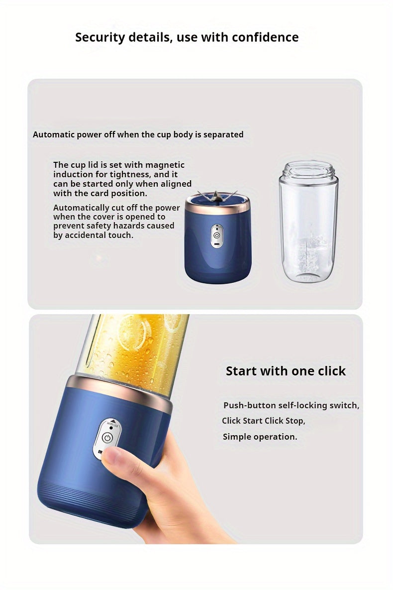 Multifunctional cordless portable juicer with 2 cups, blender fresh juice cup with sports cup lid, USB rechargeable juicer, six-blade blade juice quickly, juice fine, fruit blender suitable for home, kitchen and travel