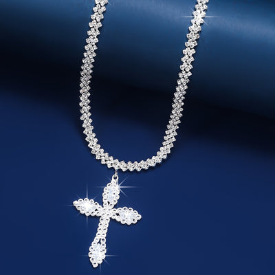 Luxury Sparkle Full Of Rhinestones Cross Pendant Necklace Silver Color Religious Neck Jewelry Gift