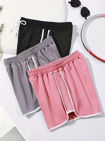3pcs Women's Drawstring Sports Shorts - Casual Gym & Lounge Wear, Stretchy Polyester Blend, Contrast Trim, Machine Washable