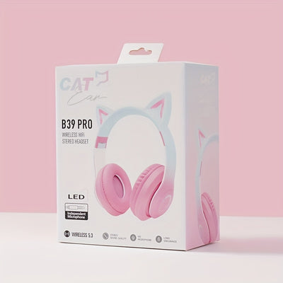 URIZONS Wireless Cat Ear Headphones TWS and Wired Mode Foldable Gaming Headset with Mic, RGB LED Light, Compatible with Mobile Phones PC Tablet