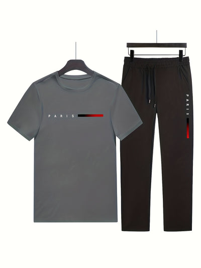 Men'S Casual Sports Two-Piece Set Short Sleeve Top Straight Leg Pants with Paris Print, Fashionable And Trendy, Ideal for Summer, Parties, Casual Outings, And Everyday Wear, Everyday Wear|Short Sleeve Top|Print Trousers