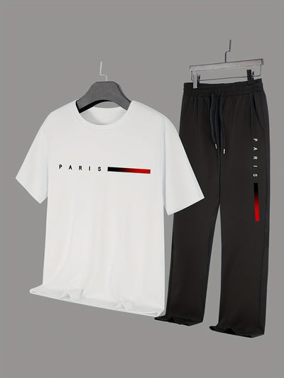 Men'S Casual Sports Two-Piece Set Short Sleeve Top Straight Leg Pants with Paris Print, Fashionable And Trendy, Ideal for Summer, Parties, Casual Outings, And Everyday Wear, Everyday Wear|Short Sleeve Top|Print Trousers