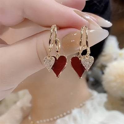 Elegant Red Heart Dangle Earrings with Sparkling Rhinestones - Cute & Chic, Perfect for Daily Wear or Gifting on Valentine's Day, Elegant Style, Cute Style, Holiday Theme