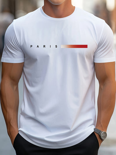 Men'S Gradient City Theme Letter Print Casual Sports T-Shirt, Polyester Crew Neck Tee, with Slight Stretch, for Summer - Versatile for Running, Training, Hiking, Daily & Casual Wear, Adult & Teen Unisex Style