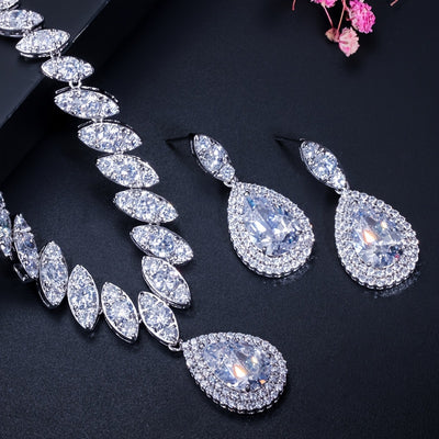 3pcs Elegant Teardrop Blue Jewelry Set Silvery Inlaid Synthetic Synthetic Zirconia Pendant Necklace Dangle Earrings Sets for Lady Girls Banquet Prom Wear