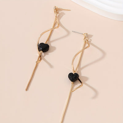 Pair of Women's S-Shaped Long Tassel Earrings, Heart-Shaped Holiday Gift Casual Attire Drop Earrings