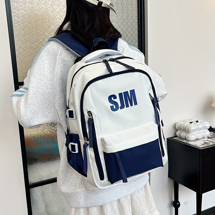 حقيبة ظهر أكسفورد متينة للسفر - حقيبة مدرسية عملية جذابة بصريًا بأحزمة قابلة للتعديل، وحجرات متعددة، وسحاب للإغلاق، بتصميم أبيض وأخضر، حقيبة ظهر عملية | حقيبة أنيقة وعملية | خامة أكسفورد