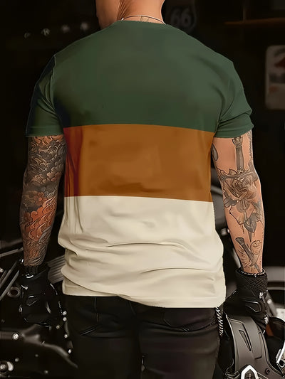 1pc Men'S Casual Crew Neck T-Shirt, Geometric Striped Print, Breathable Polyester Knit Fabric, Short Sleeve Sports Tee for Spring/Summer, Street Fashion Style