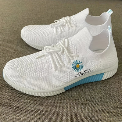 Women's Flower Pattern Sneakers, Breathable Flying Woven Outdoor Shoes, Lightweight Low Top Running Shoes