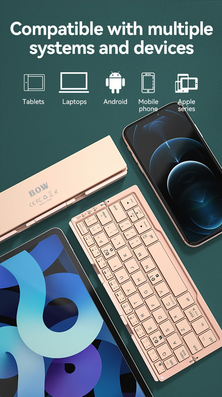 BOW Foldable Wireless BT Keyboard Mute, For Home And Office Use, Portable, Mobile Charging Keypad, With Mobile Phone And Tablet Holder, Capable Of Connecting Three Devices Simultaneously, Applicable To Android/Windows/iOS Mob